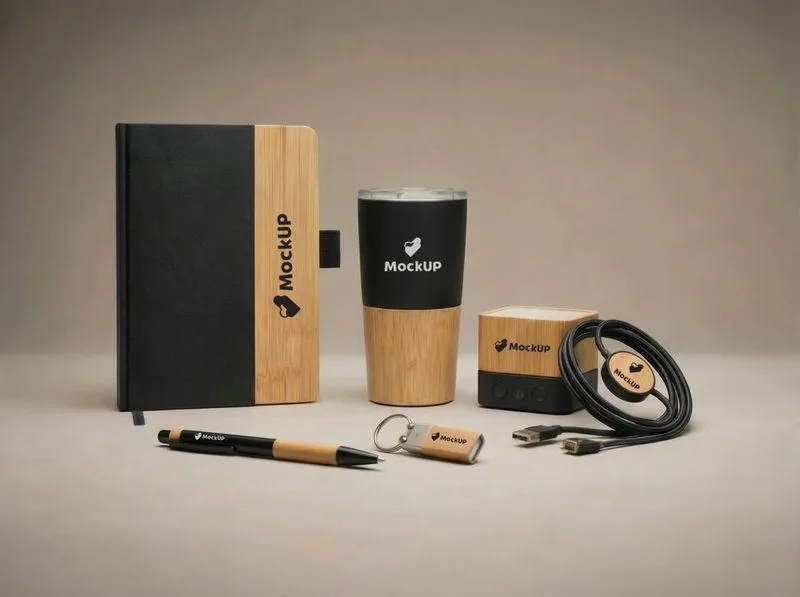 Cuaderno, vaso térmico de corcho, cable y lapiceras con logo MockUP