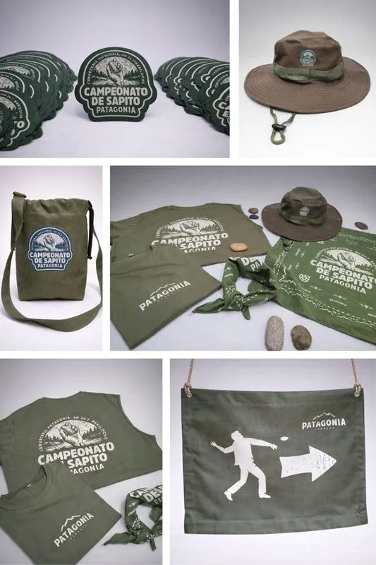 Parche bordado, gorro y bolso bandolera verde para evento Patagonia Sapito