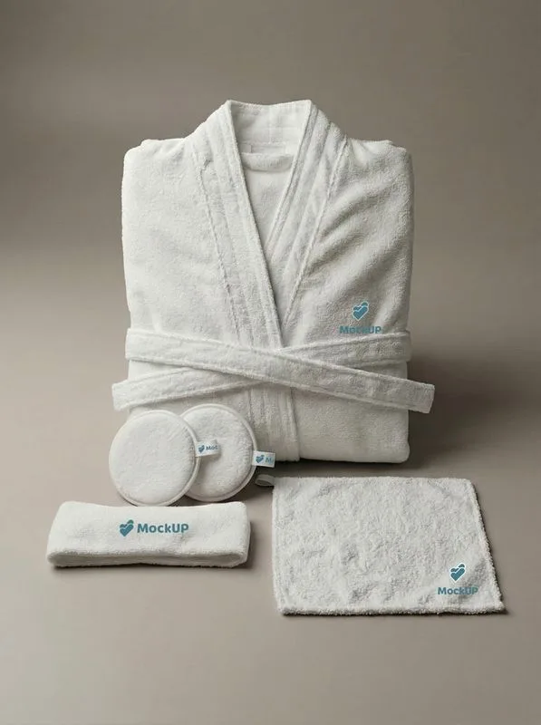 Bata blanca, toallas y pantuflas de spa con logo bordado discreto