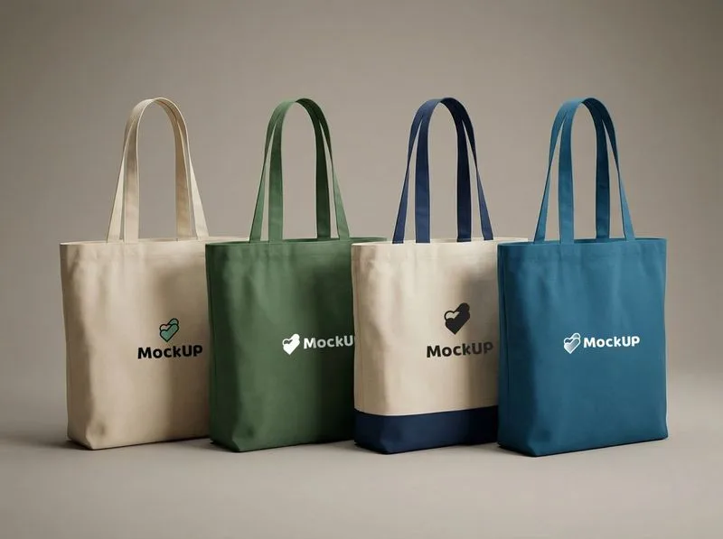 Tote bags en beige, verde, azul marino y turquesa con logo MockUP