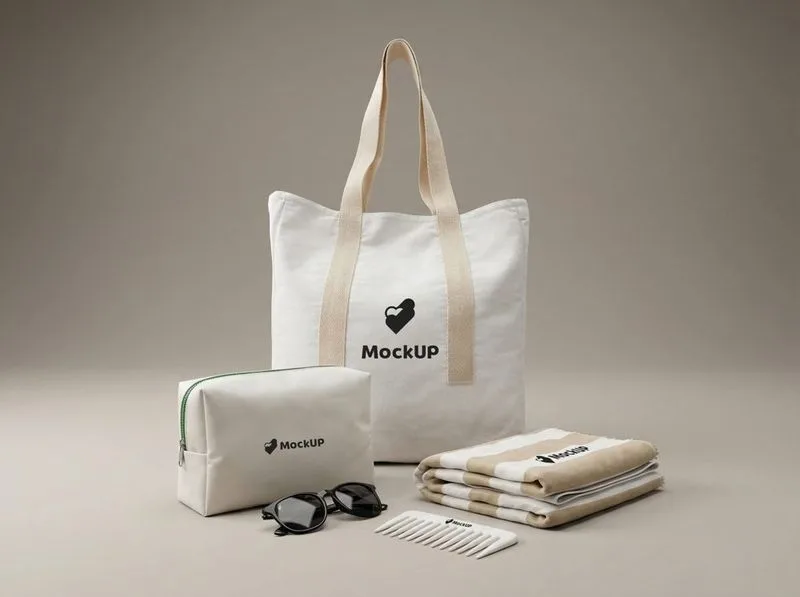 Tote bag, neceser, toalla y anteojos de sol en kit de bienestar MockUP
