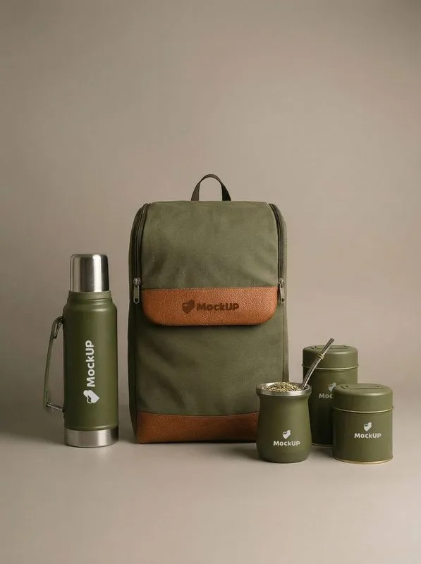 Mochila verde militar, termo y recipientes de mate en kit de campo