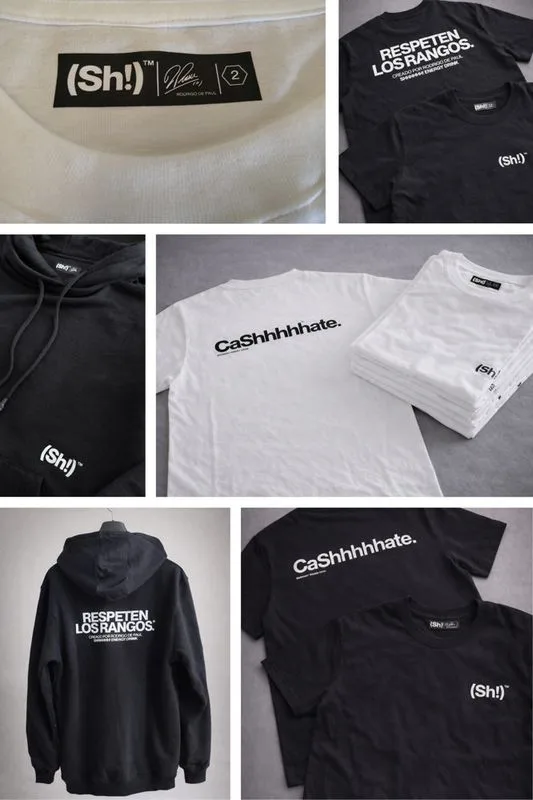 Remeras y buzo negros estampados con frases de una campaña interna