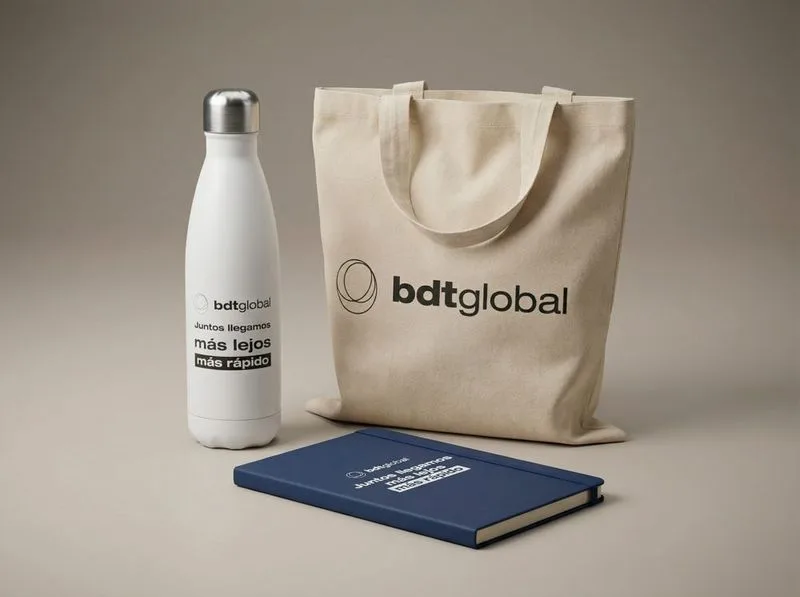 Botella metálica, tote bag y libreta azul con logo BDT Global