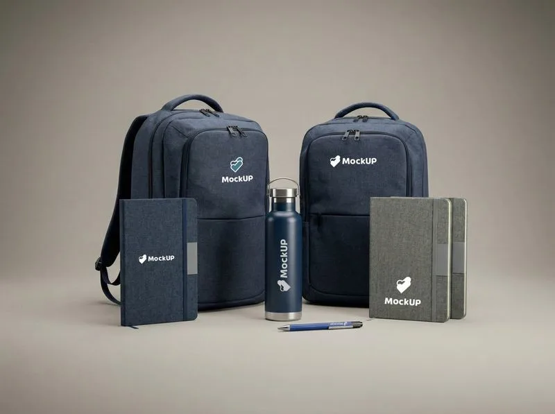 Mochilas azules, termo metálico y libreta con logo MockUP en kit
