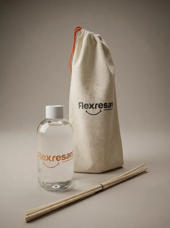 Bolsa de tela Flexresan con botella de vidrio y varilla decorativa
