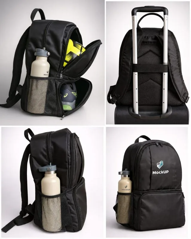 Mochilas negras con compartimentos internos y porta botella, cuatro vistas