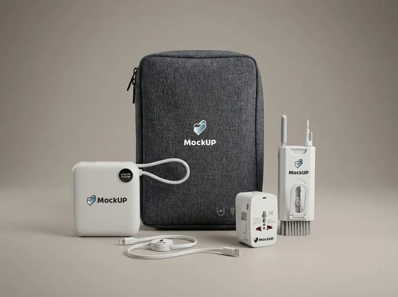 Organizador de cables, power bank y cargador portátil con logo MockUP