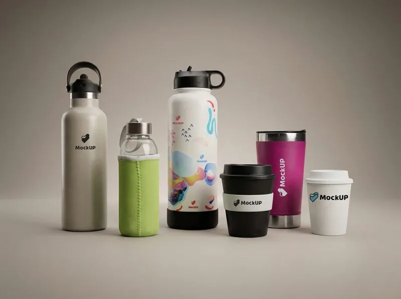 Botellas metálica y de vidrio junto a mugs de viaje en varios colores