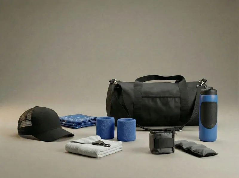 Bolso de gimnasio, gorra, toallas enrolladas y botella en kit deportivo