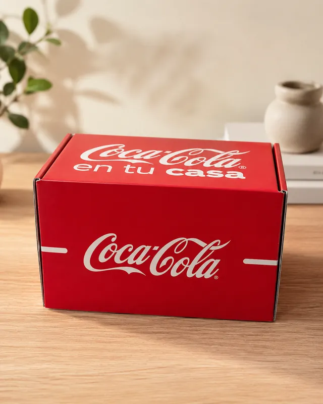 Caja de envío roja de Coca-Cola con la frase Coca-Cola en tu casa