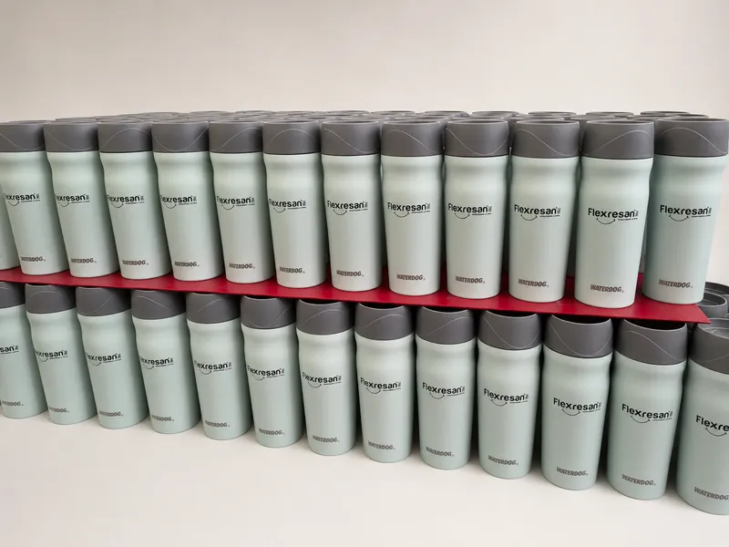 Fila de vasos térmicos verdes con tapa negra y el logo de Flexresan