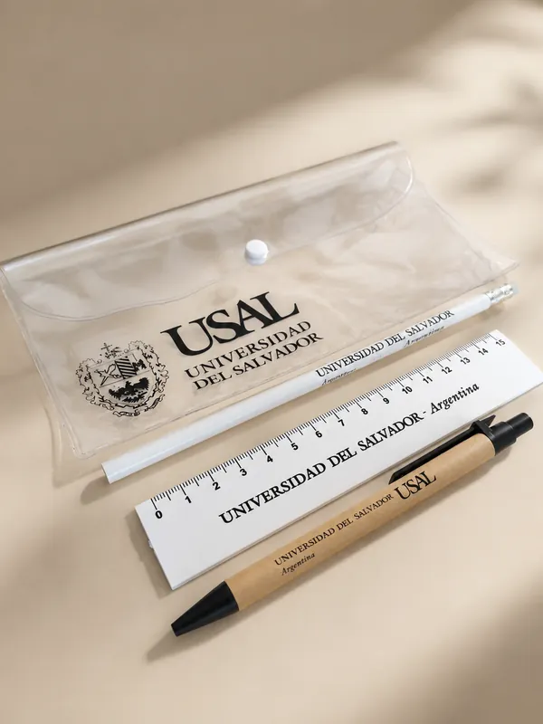 Kit de bienvenida transparente con lapicera y regla de la Universidad del Salvador