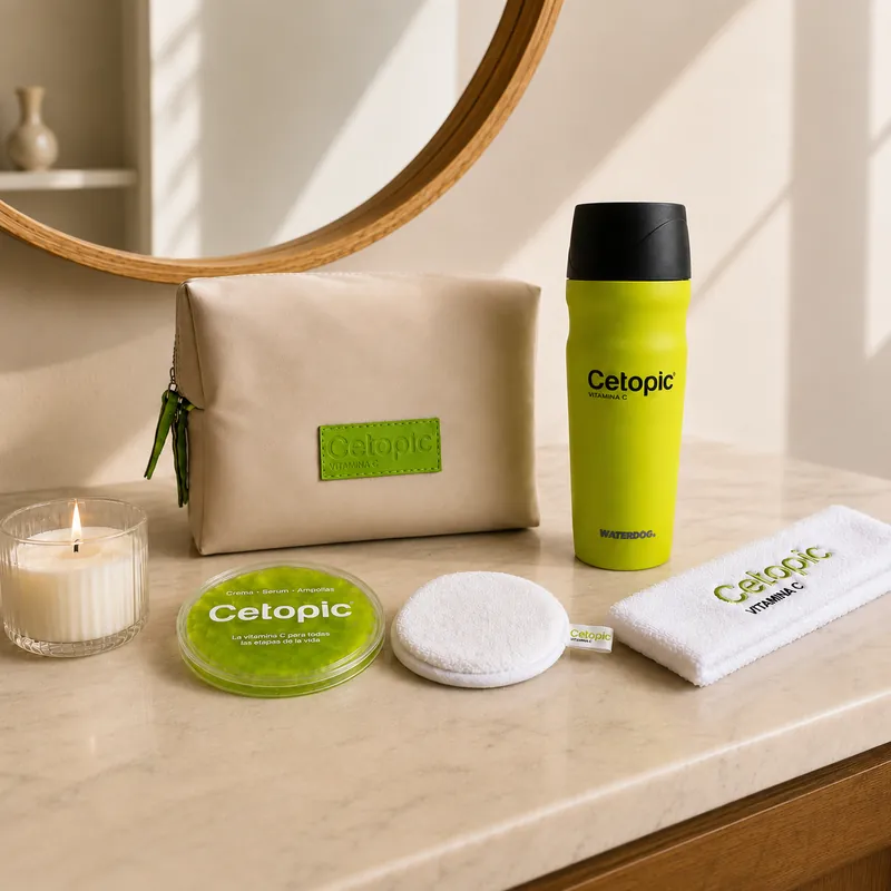 Kit de Cetopic con neceser, termo amarillo, espejo y vela sobre una mesada