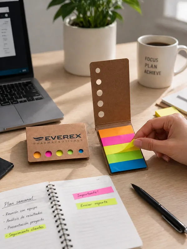 Anotador de notas adhesivas de colores con el logo de Everex sobre un escritorio