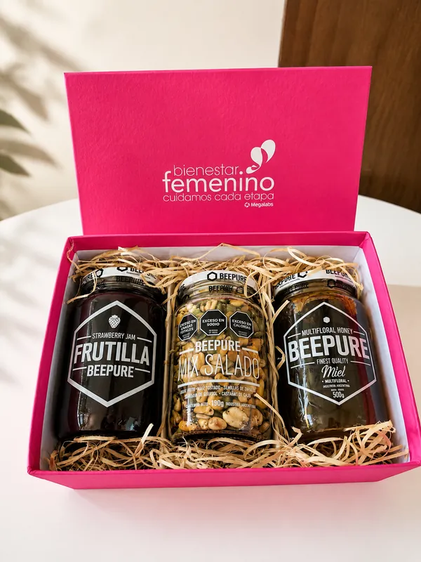 Caja de regalo rosa con frascos de dulce y miel para Bienestar Femenino