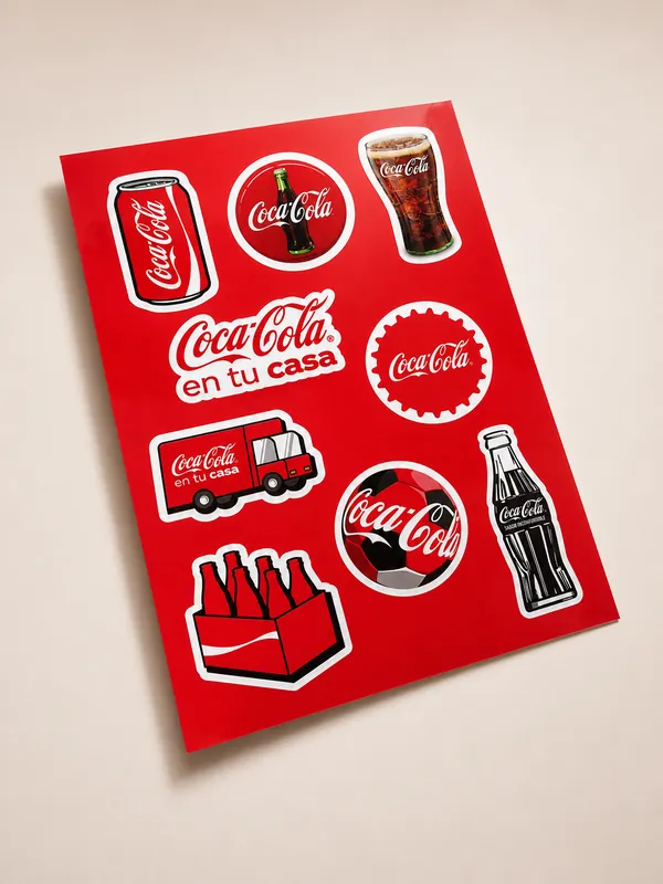 Plancha de stickers de Coca-Cola con latas, camión y botellas ilustradas