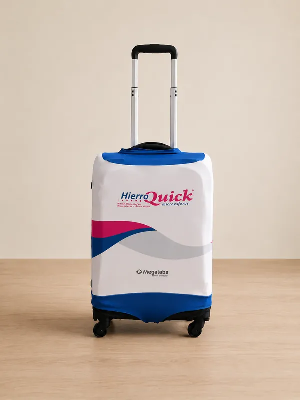 Valija rígida azul y rosa personalizada con el logo de HierroQuick