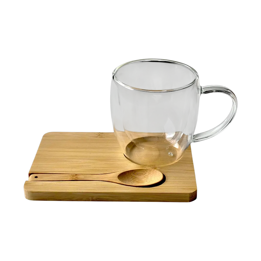 Taza de Vidrio con Bandeja de Bamboo